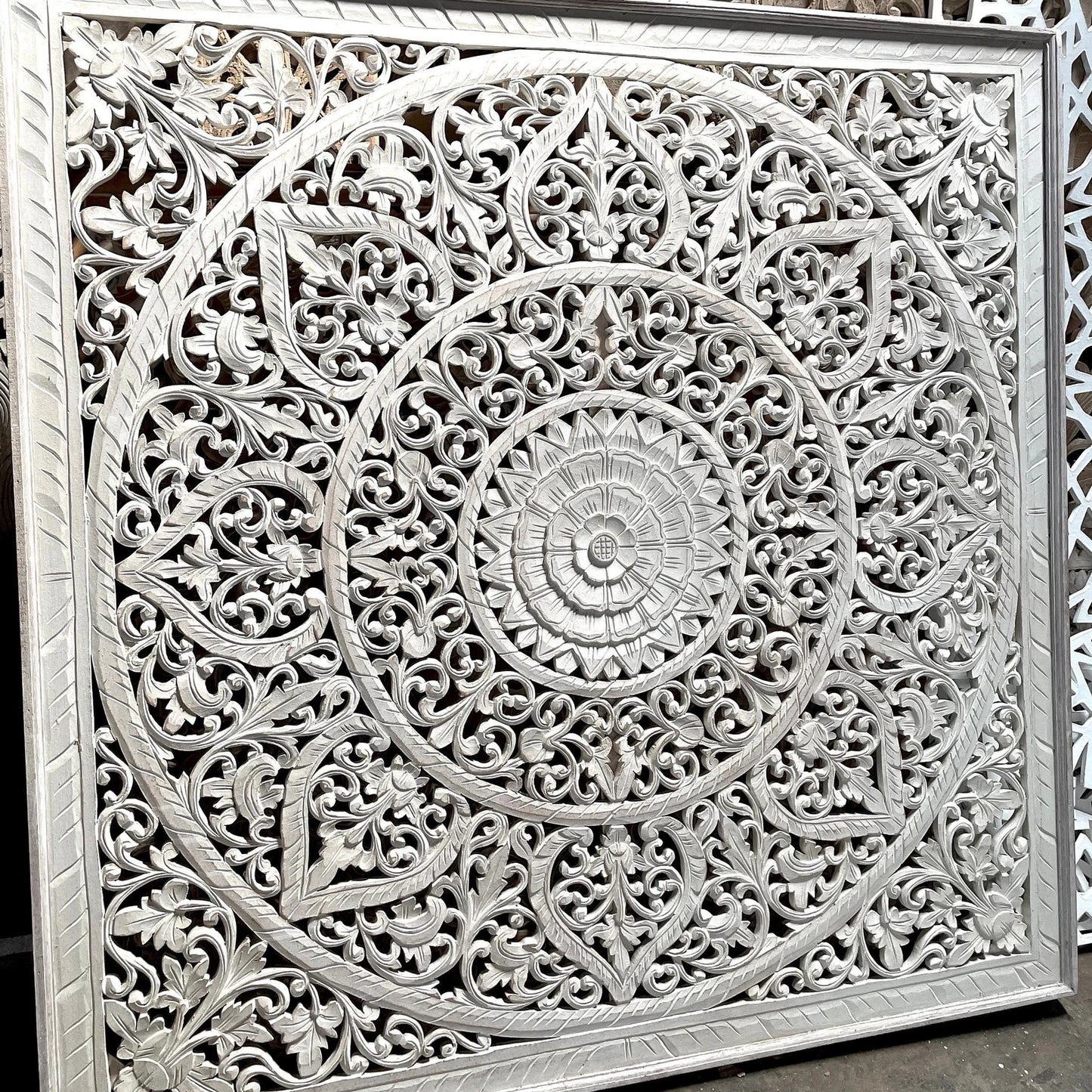 Hand Carved Queen Size Mandala Bed Headboard Umadewi 59" in White Wash | Hand Carved Wall Decor | Wood Wall Art | Boho Bed Headboard