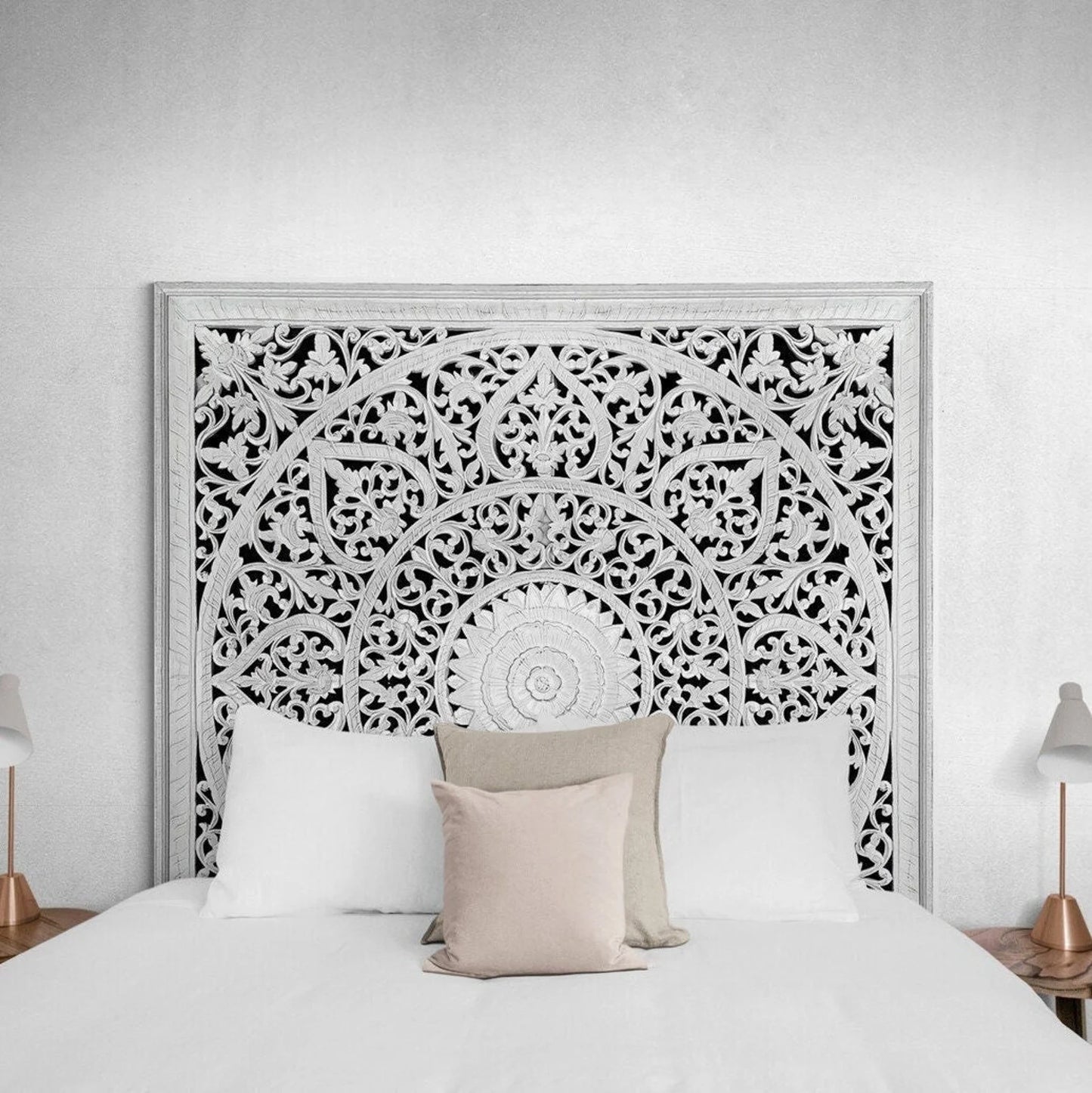 Hand Carved Queen Size Mandala Bed Headboard Umadewi 59" in White Wash | Hand Carved Wall Decor | Wood Wall Art | Boho Bed Headboard