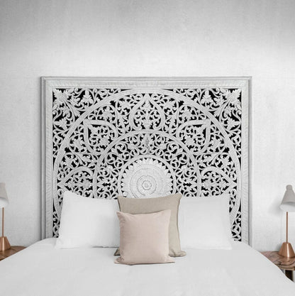 Hand Carved Queen Size Mandala Bed Headboard Umadewi 59" in White Wash | Hand Carved Wall Decor | Wood Wall Art | Boho Bed Headboard