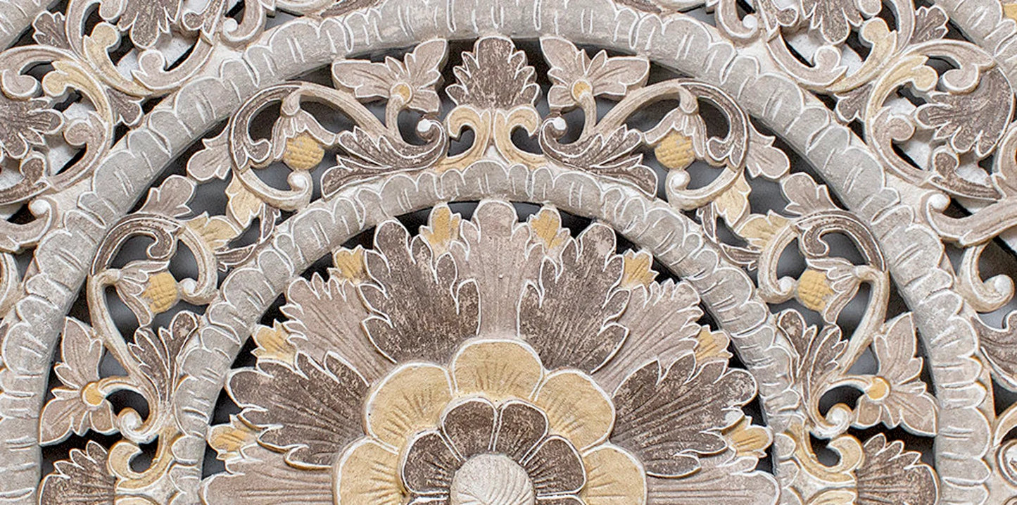 Hand Carved Half-moon Mandala Bed headboard - 'Sri' in Multi Color Brown