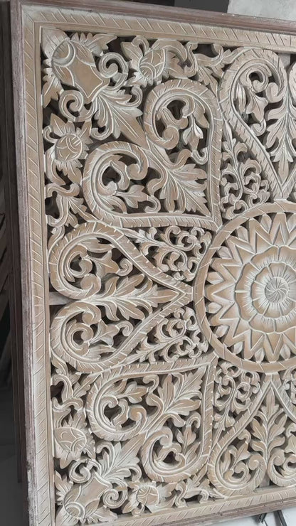 Carved Bed Headboard "Jantung" in Antic Wash