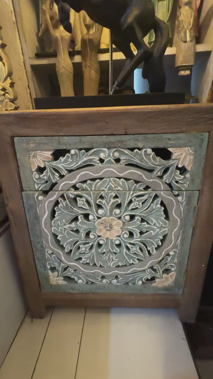 Wooden Carved Bedside Table 'Sekar' - Natural and Multicolor Green - 60 cm