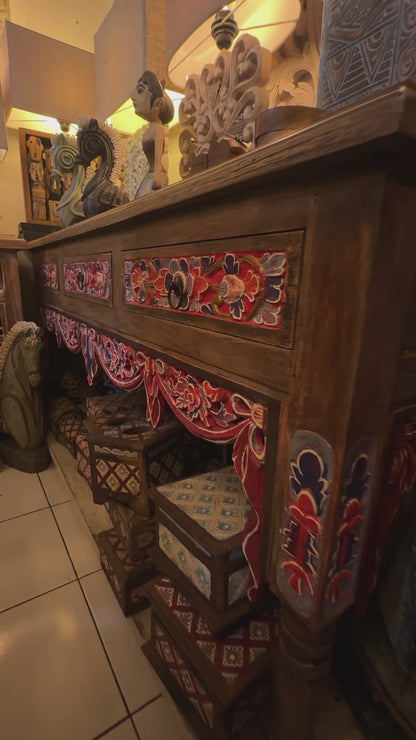 Wooden Carved Console Table "Srikandi" - Red & Blue Wash - 150 cm