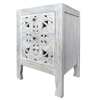 Carved Bedside Table 'Amed' - White wash