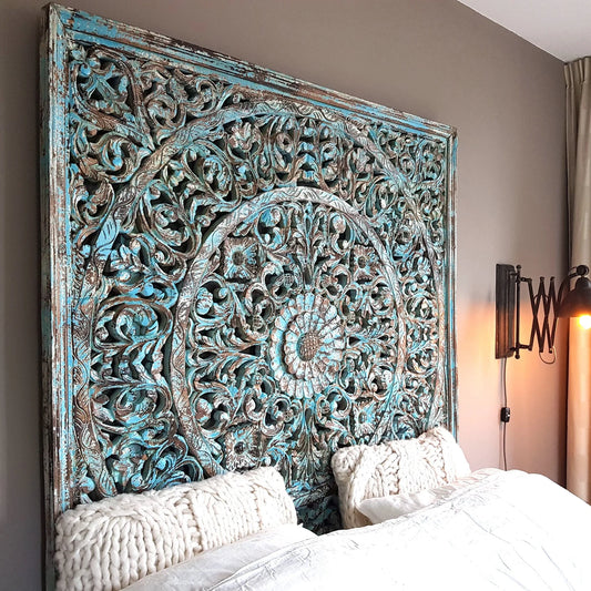Carved Full  Bed Headboard "Dahayu" - Blue Wash - USA